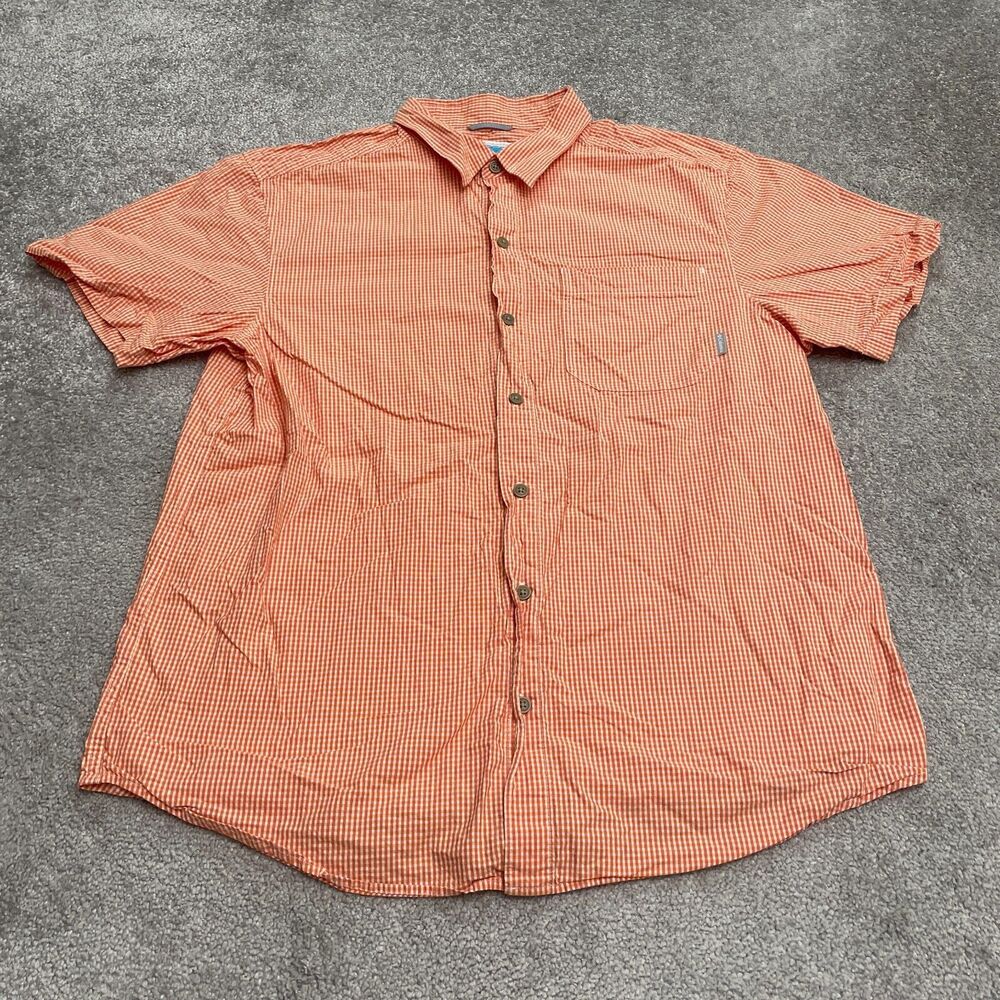 Columbia Plaid Shirt Mens Large Orange Short Sleeve Button Down Casual Outdoor